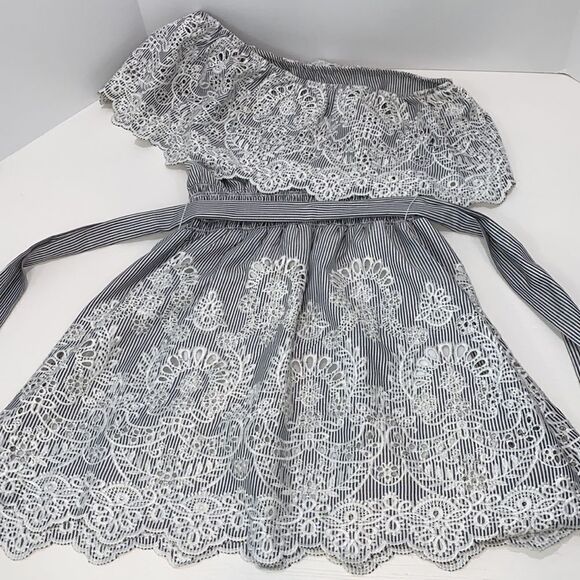 Saylor Grey & White Pinstripe One Shoulder Mini Dress Size Small - Picture 12 of 14